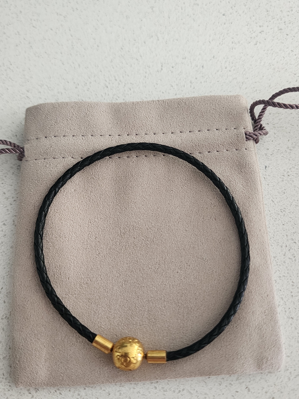 Pandora Black Braided Leather Bracelet with Gold Bead
